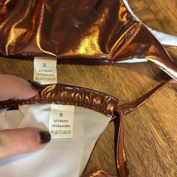Women's Metallic Shiny Halter Lace-up Bikini Triangle Padded Cup Bra bronze S - Picture 6 of 6